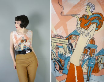 70s NOVELTY top with large art DECO lady print and red carpet CINEMA premiere - mod pop art polyester vest top - L / uk14