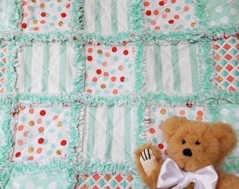 Mint, coral, gold and white rag quilt lovey / security blanket for baby