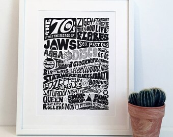 The History of the 1970s Seventies Typography Illustration Poster Print