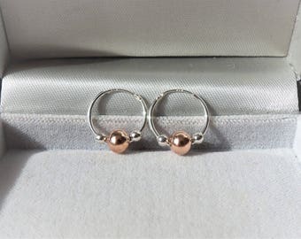 15mm Sterling Silver Sleeper Hoop Earrings with Rose & Silver Beads.