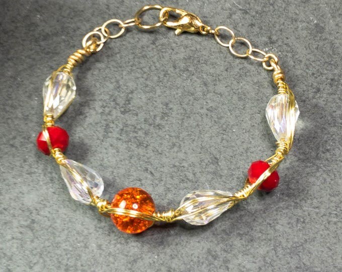 Wire wrapping bracelet, Wire wrapping jewelry, orange and crystal bracelet, wire bracelet, wrap bracelet, wire orange bracelet