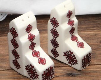 Vintage Salt and Pepper Shakers - Ukrainian, Vyshyvanka Design Salt Pepper Shakers - Red / White Salt & Pepper "PYSANKY" Season Shakers