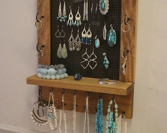 ON SALE Classic Rustic Provincial Stained, Ready To Ship, Wall Mounted Jewelry Organizer, Necklace Holder, Earring Holder, Hanging Jewelry R