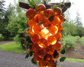 Gorgeous Vintage Mid Century Lucite Amber Grape Cluster Hanging Swag Lamp