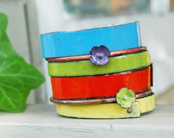 MAKE MY DAY set of enameled bangles, perfect Mother's Day idea, gift for her, copper and vitreous enamel, original handmade gift, wedding
