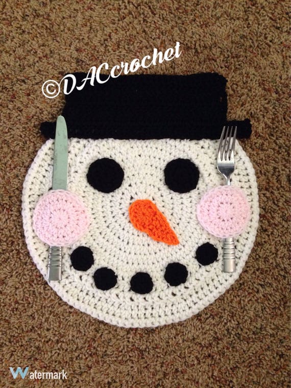 Crochet PATTERN Snowman Table Placemat with Utensil holder