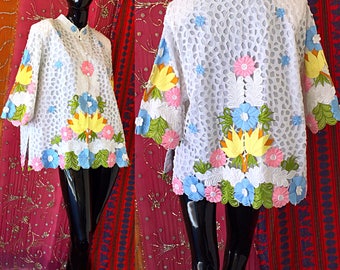 70s Blouse Hawaiian Embroidered Blouse Psychedelic Lace Pastel Hawaii Blouse