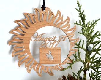 Wyoming Solar Eclipse ornament wood cut decoration. Laser cut Total Solar Eclipse ornament Path of Totality through Wyoming