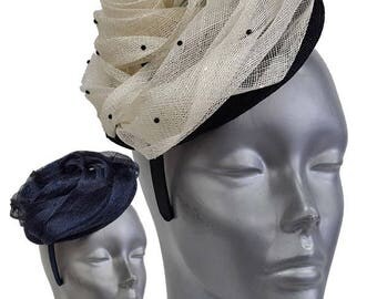 Swan Hat, Sinamay Fascinator, Navy and Black/Ivory Fascinator, Church Hat, Derby Hat, Fancy Hat, Tea Party Hat, wedding hat, British Hat