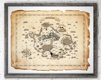 Neverland Peter Pan Map Wall Decor, Peter Pan Art Prints, Birthday Gift, Baby Gift, Neverland Art Prints, Peter Pan Wall Decor, Captain Hook