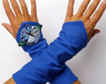 Fingerless gloves arm warmers blue Jersey with butterfly