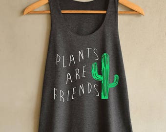 Plants Are Friends Shirt Cactus Tank Top in Vintage Summer Tank Top Dark Gray Shirts Women Size S M L