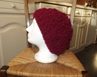 Thick Beanie crocheted in chunky wool/acrylic Terry, Burgundy