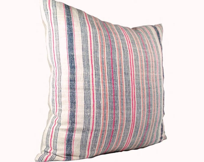 20"x20" Multi Stripes Hmong Hand Woven Hemp Pillow Cover, Vintage Organic Hill Tribal Textile Pillow Case, Bohemian Throw Pillow