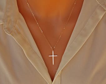 Elegant Cross necklace- 14K gold filled, long large skinny cross necklace simple, mothers day gift ideas for her mom daughter sister wife