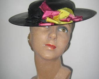 1930's Black Straw Boater Hat with Silk Ribbon and Net Trim!