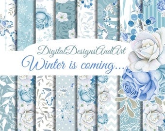 Winter digital paper, Floral seamless paper, Flower patterns, watercolor flower paper, winter flower pattern, digital background, scrapbook