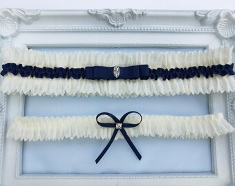 Navy blue garter set, navy blue wedding garter set, lace garter set, rhinestone garter set, something blue wedding garter set