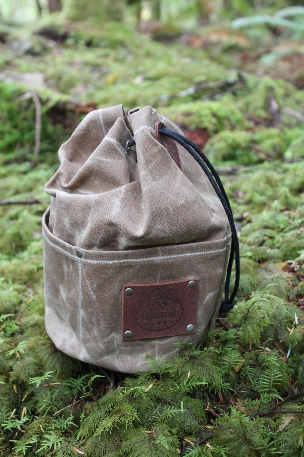 Waxed Canvas Round Bottomed Ditty Bag with Pockets and a