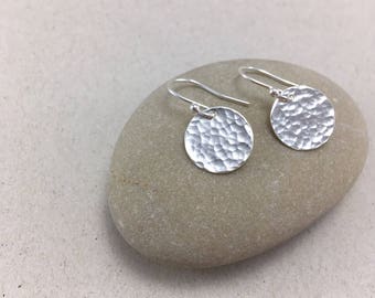 Hammered Silver Circle Earrings, Hammered Silver Dangle Earrings, Handmade Silver Pebble Earrings, Silver Dangle Earrings