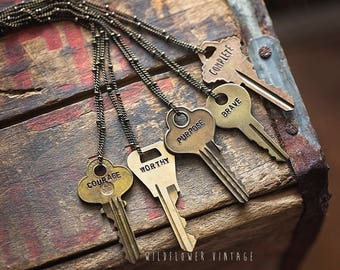 Custom Key Necklace | MANY FONTS & CHAINS | Hand Stamped Vintage Personalized Repurposed Upcycled Inspirational Giving Personalized Gift