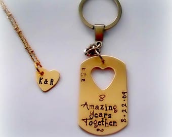 Personalized 8 Year Bronze Anniversary Gift, Couples Hand Stamped Keychain & Necklace Set, 8th Anniversary, Custom Key Chain and Necklace