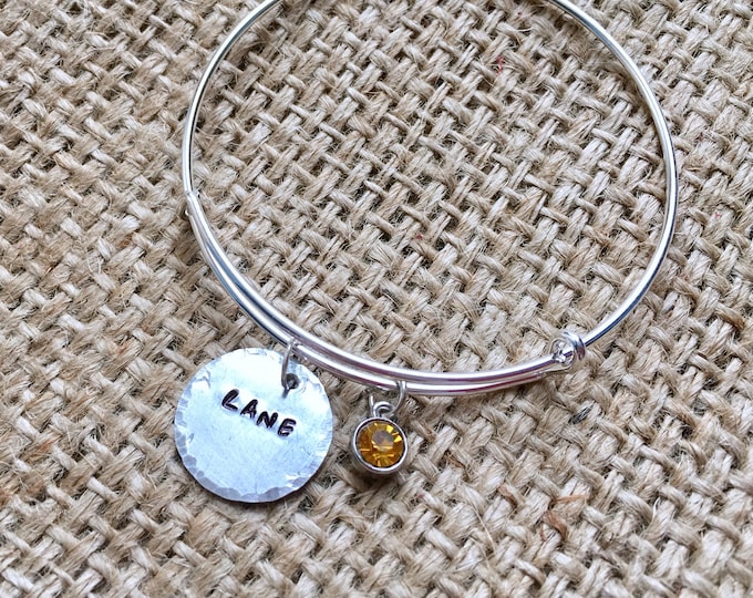 Custom Name Bangle, Birthstone Bracelet, Stamped Name Bangle, Hand Stamped Bangle, Name Charm Bangle, Baby Name Bracelet, Custom Bangle