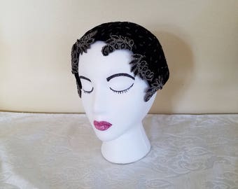 Vintage Beaded Casque Hat, Vintage Black Beaded Hat, Vintage Beaded Hat, Vintage Casque Hat, Vintage Charles F. Berg, 1950s Black Beaded Hat