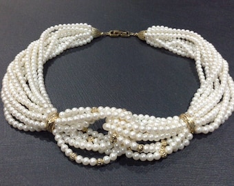 Vintage Multi Strand Antique White Love Knot Pearl & Gold Tone Beaded Choker Necklace