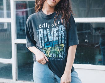 Vintage Billy Joel tee - faded black worn in thin soft - River of Dreams your 1994-1995 90s band tour music merch grunge unisex ladies mens