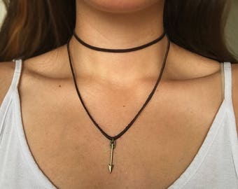 Double leather choker arrow necklace, Boho layered choker necklace, Available in genuine or vegan suede or leather