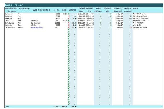 Dues Tracker Excel Template Memberships Log Spreadsheet