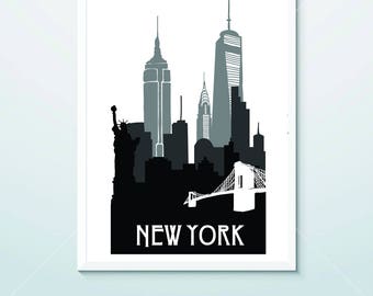 New York Print, New York Silhouette print, Wall art,City poster, Silhouette art, New York poster, City Skyline art, instant download art