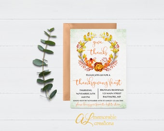 Thanksgiving Invitation, Thanksgiving Dinner, Give Thanks, Friendsgiving Invitation, Friendsgiving, Autumn Wreath, Rustic, Digital File
