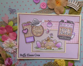 Pink bear Cignogne newborn baby girl card