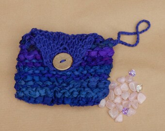 Indigo/Purple Blue Silk Purse - Eco Friendly Hand Knit Small Purse - Silk Sari Ribbon Purse/Wallet
