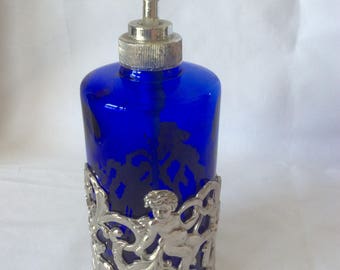 Cobalt Blue Soap Dispenser in Silver-tone Holder with Cherubs