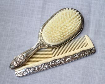 Vintage Vanity Set, Silver Plated Brush and Comb, Hair Vanity Set, Ornate Brush and Comb, Ladies Dresser Vanity Set