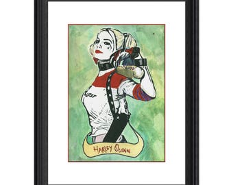 Harley Quinn original art print - old school tattoo style pin-up painting print.
