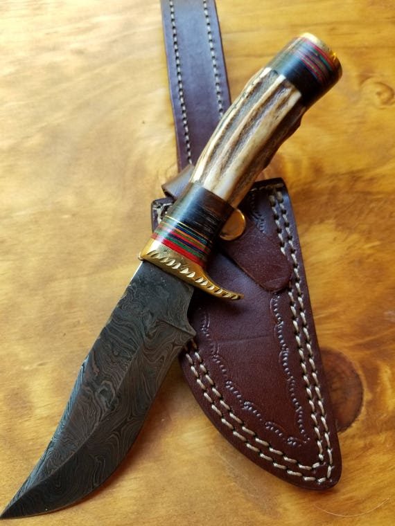 Handmade Deer Dark Antler Handle Hunting Knife Damascus Blade