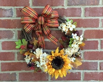 Fall Grapevine Wreath Hydrangeas Sunflowers Mums Acorns Bow Yellow White