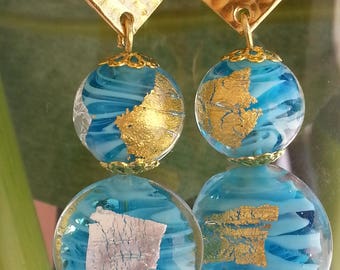 Turquoise gold and silver foil Murano glass - earrings-