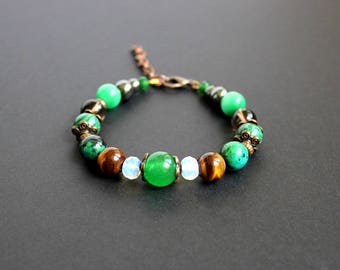 Malachite green beaded Moonstone woman gift Jade green bracelet Brown stone bracelet Chrysocolla jewelry Smoky quartz bracelet Heart chakra