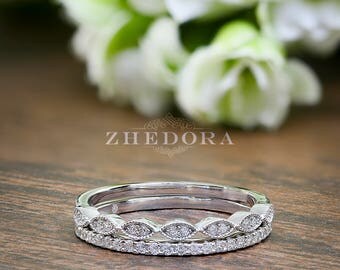 Half Eternity Band And Art Deco Band 0.25 CT Round Cut Simulated Diamonds Sterling Silver Bridal Band Rhodium Plated Wedding Bands