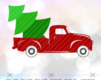 Red Christmas Truck svg cut file Antique vector tree