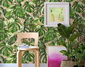 Monstera Palm Leaf Wallpaper, Exotic Removable Wall Paper, Monstera Leaves Wallpaper, Monstera Mural, Jungle Wallcovering, Jungle Wall Decor