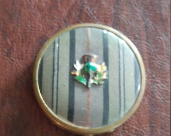 Unusual Vintage Jasmin Naturelle Mirror/Powder Compact, Gold With Striped Top and Celluloid Cover and Enameled Medallion, Made in England