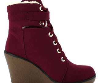 QQO wedge bootie in a wine suede finish