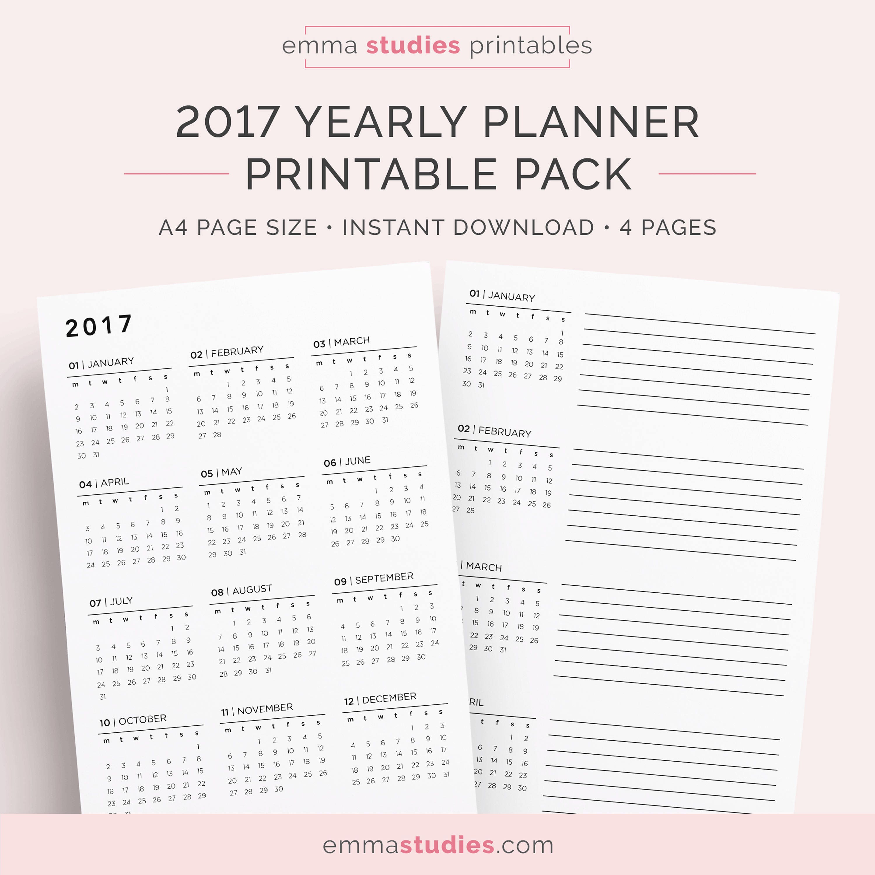 2017 yearly calendar overview and planner printable pack