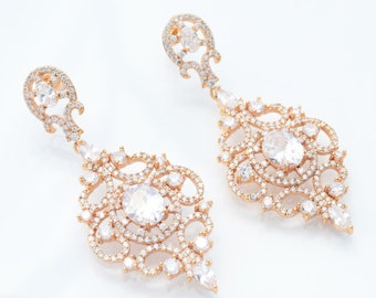 Bridal Earrings Bridal Chandelier Earrings Zirconia Wedding Earrings Crystal Rose Gold Earrings Rose Gold Chandelier Earrings Bridal Jewelry